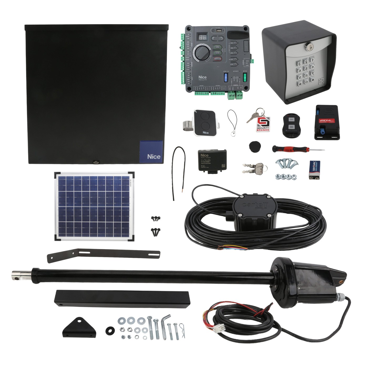 Nice Apollo 816 20W Solar Swing Gate Opener Full Package w/ Mercury 310 Control Board, Keypad