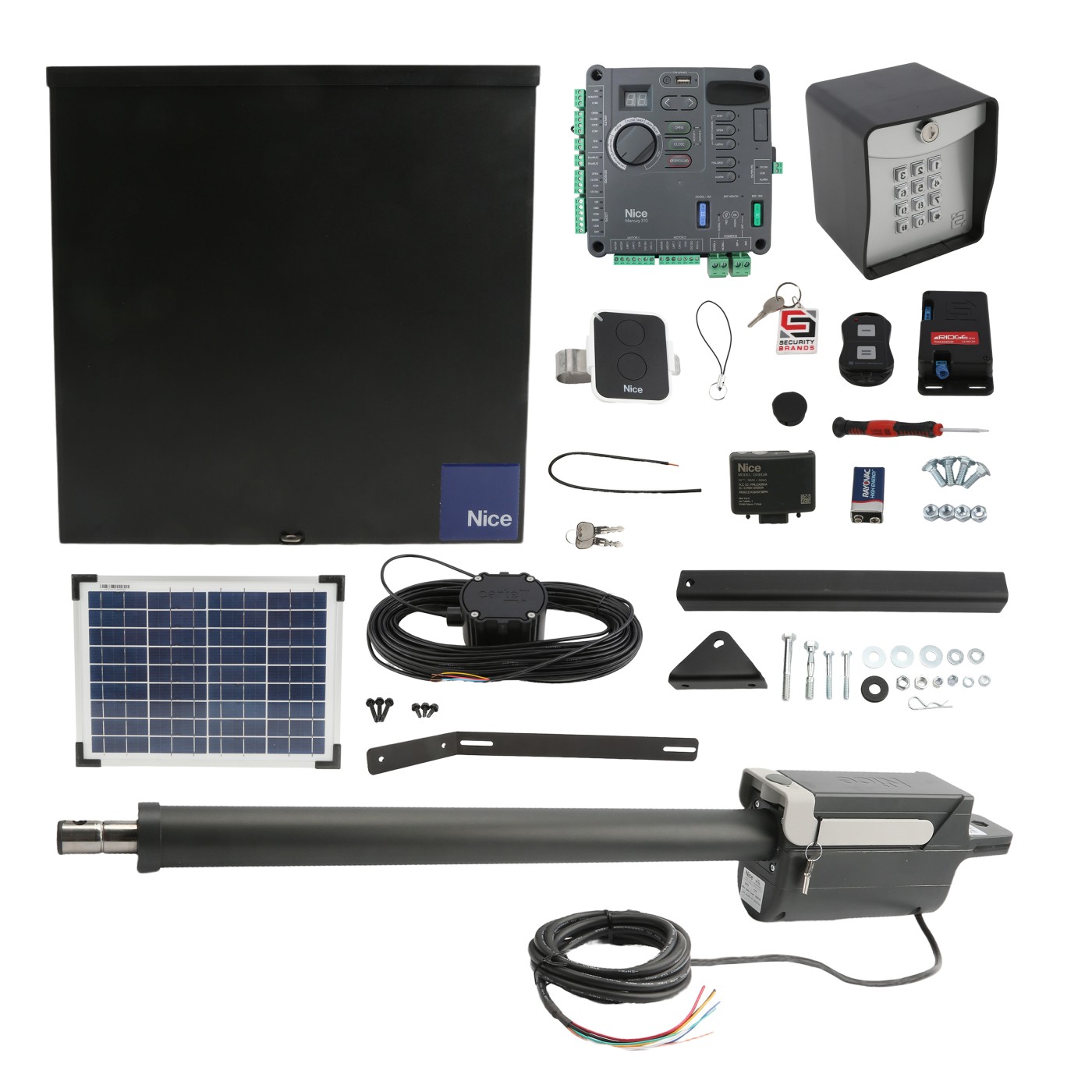 Nice Apollo 912L 10W Solar Swing Gate Opener Full Package w/ Mercury 310 Control Board, Keypad