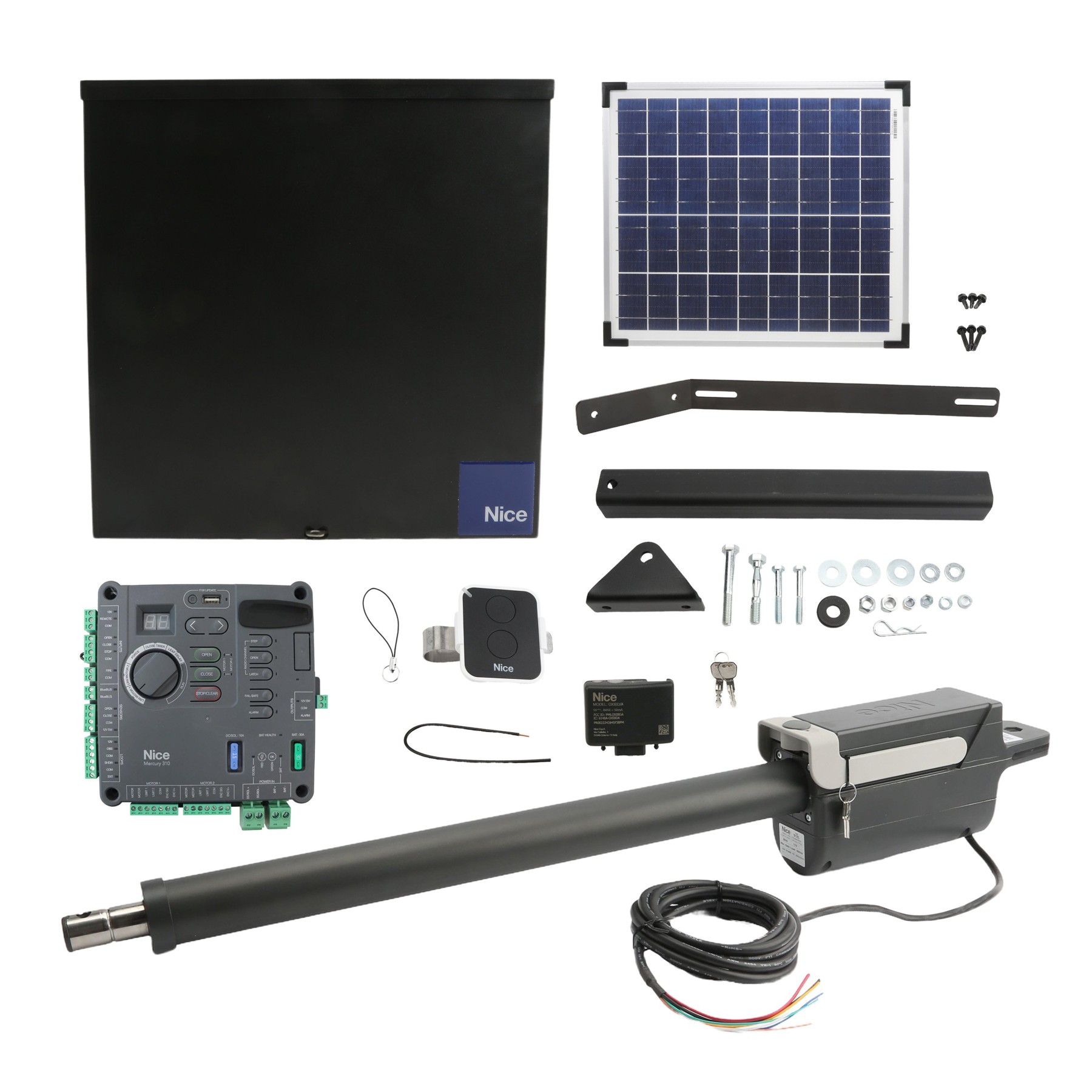 Nice Apollo 912L 20W Solar Swing Gate Opener Bundle w/ Mercury 310 Control Board Packages