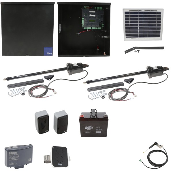 Nice Apollo 1051 Dual Arm Swing Gate Opener Package with 1050 Control Board, 10 W Solar Panel, and 35Ah Battery