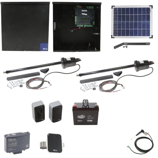 Nice Apollo 1051 Dual Arm Swing Gate Opener Package with 1050 Control Board, 20 W Solar Panel, and 35Ah Battery