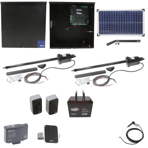 Nice Apollo 1501 Dual Arm Swing Gate Opener Package with 1050 Control Board, 30W Solar Panel, and 75 Ah Battery 