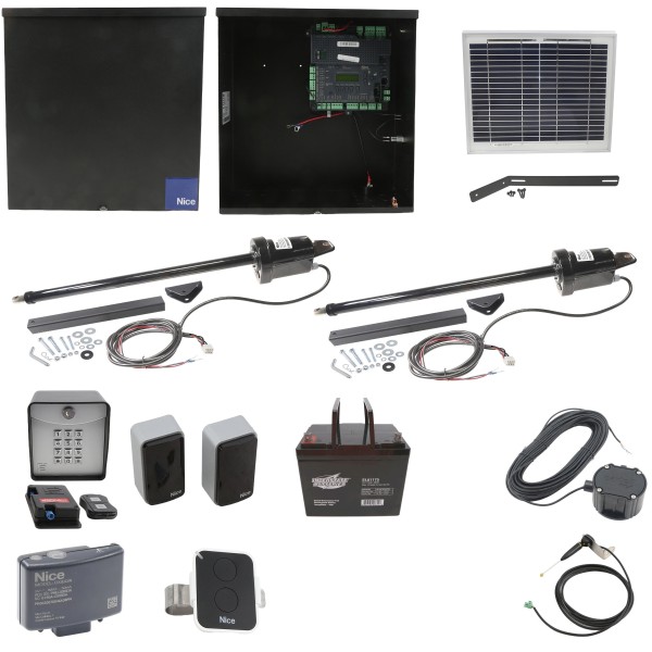 Nice Apollo 1501 Dual Arm Swing Gate Opener Complete Package with 1050 Control Board, 10W Solar Panel, and 75 Ah Battery 