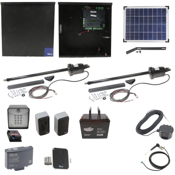 Nice Apollo 1501 Dual Arm Swing Gate Opener Complete Package with 1050 Control Board, 20W Solar Panel, and 75 Ah Battery 