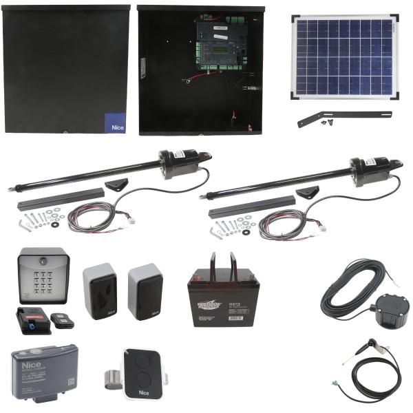 Nice Apollo 1501 Dual Arm Swing Gate Opener Complete Package with 1050 Control Board, 20W Solar Panel, and 75 Ah Battery 