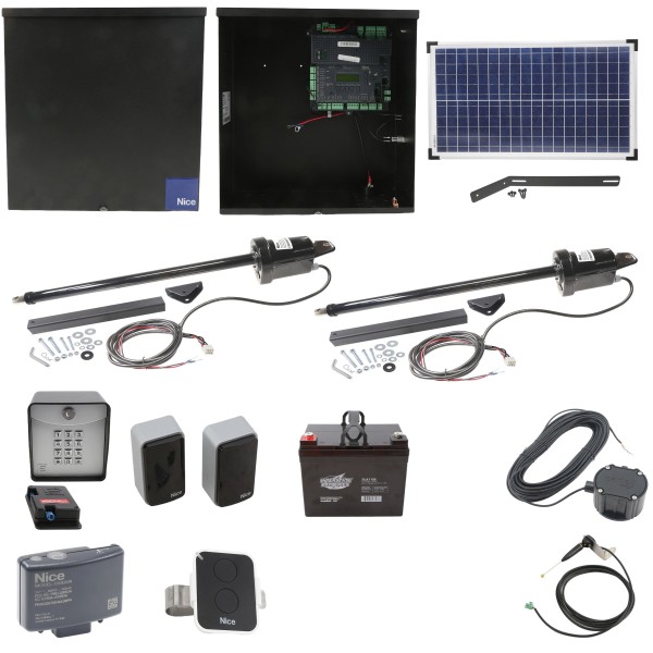 Nice Apollo 1051 Dual Arm Swing Gate Opener Complete Package with 1050 Control Board, 30 W Solar Panel, and 35Ah Battery