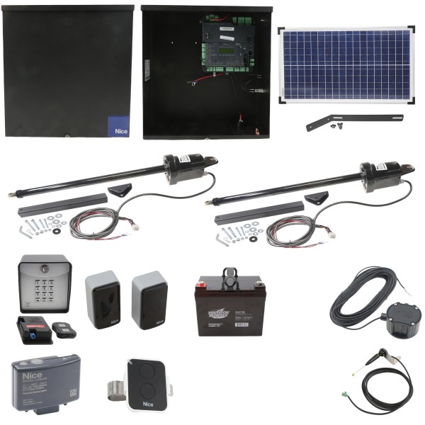 Nice Apollo 1051 Dual Arm Swing Gate Opener Complete Package with 1050 Control Board, 30 W Solar Panel, and 35Ah Battery