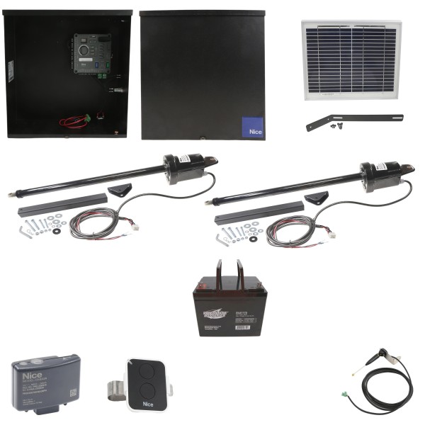 Nice Apollo 816 Dual Linear Actuator Swing Gate Opener Package with 310 Control Board, 10W Solar Panel, and 75 Ah Battery