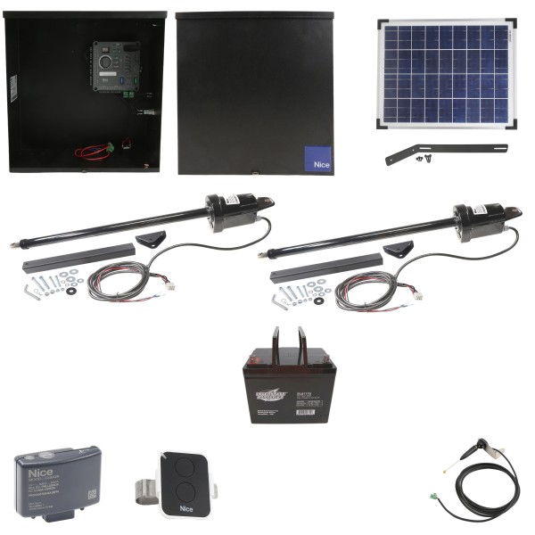 Nice Apollo 816 Dual Linear Actuator Swing Gate Opener Package with 310 Control Board, 20W Solar Panel, and 75 Ah Battery
