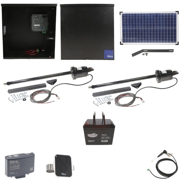Nice Apollo 816 Dual Linear Actuator Swing Gate Opener Package with 310 Control Board, 30W Solar Panel, and 75 Ah Battery