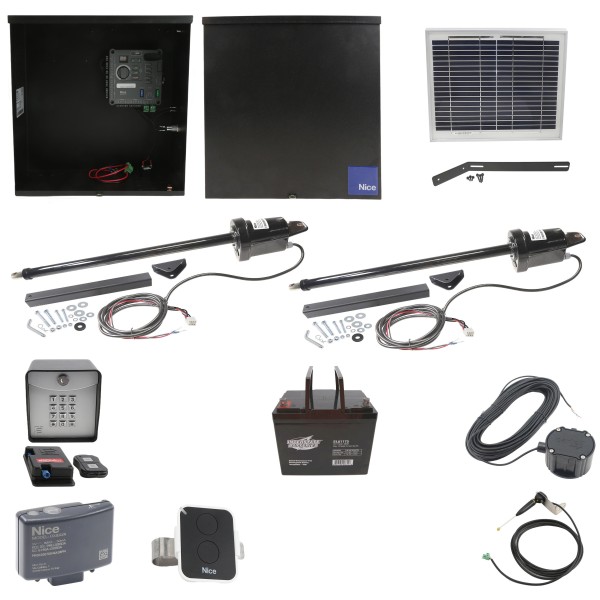 Nice Apollo 816 Dual Linear Actuator Swing Gate Opener Complete Package with 310 Control Board, 10W Solar Panel, and 75 Ah Battery