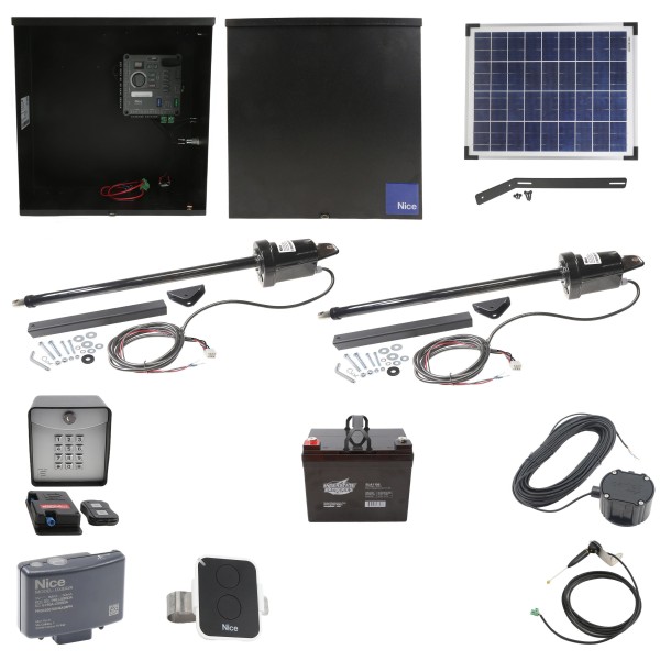 Nice Apollo 816 Dual Linear Actuator Swing Gate Complete Opener Package with 310 Control Board, 20W Solar Panel, and 35 Ah Battery