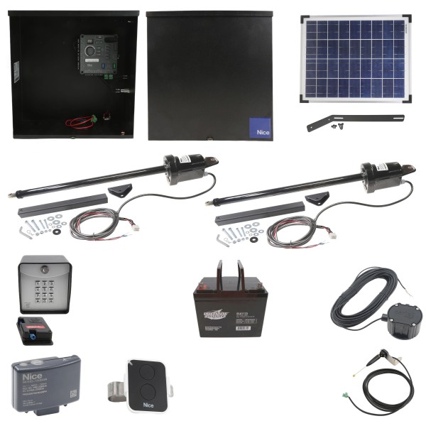 Nice Apollo 816 Dual Linear Actuator Swing Gate Complete Opener Package with 310 Control Board, 20W Solar Panel, and 75 Ah Battery