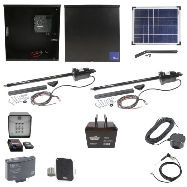 Nice Apollo 816 Dual Linear Actuator Swing Gate Complete Opener Package with 310 Control Board, 20W Solar Panel, and 75 Ah Battery