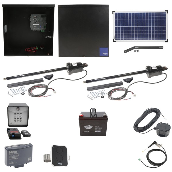 Nice Apollo 816 Dual Linear Actuator Swing Gate Opener Complete Package with 310 Control Board, 30W Solar Panel, and 35 Ah Battery