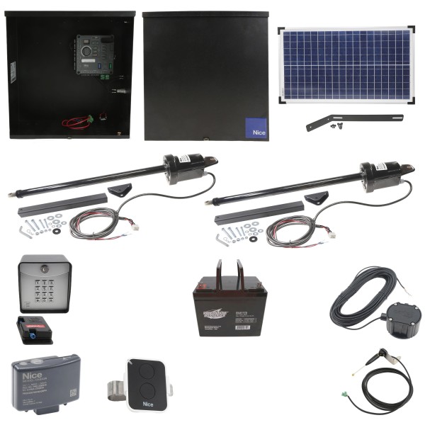Nice Apollo 816 Dual Linear Actuator Swing Gate Opener Complete Package with 310 Control Board, 30W Solar Panel, and 75 Ah Battery