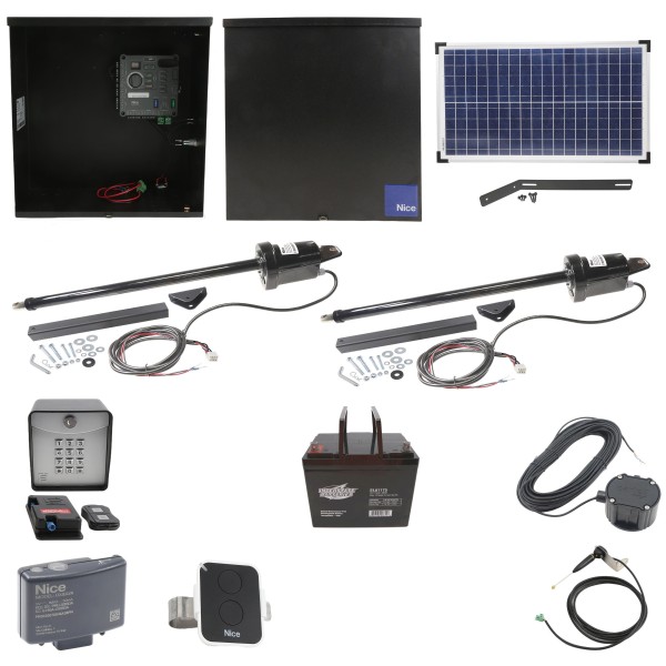 Nice Apollo 816 Dual Linear Actuator Swing Gate Opener Complete Package with 310 Control Board, 30W Solar Panel, and 75 Ah Battery