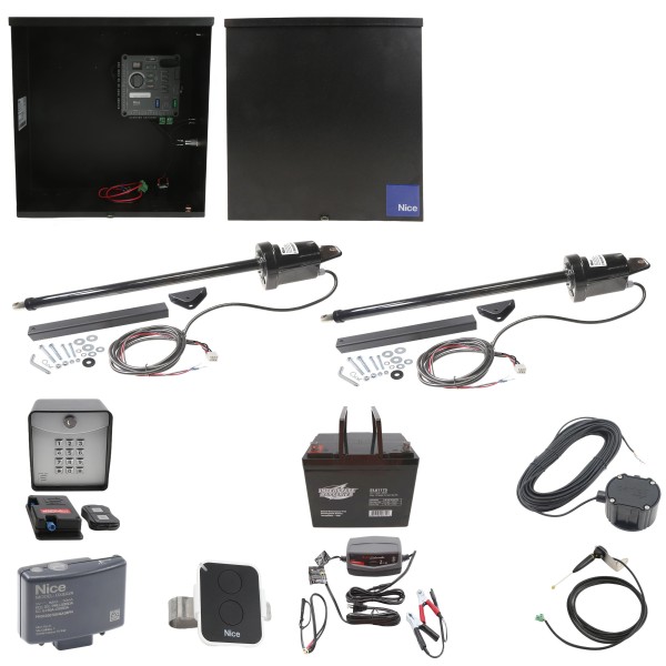 Nice Apollo 816 Dual Linear Actuator Swing Gate Opener Complete Package with 310 Control Board and 75 Ah Battery