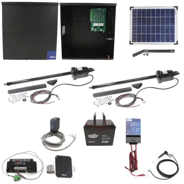 Nice Apollo 1600 Dual Arm Swing Gate Opener Package with 636 Control Board, 20W Solar Panel, and 75 Ah Battery