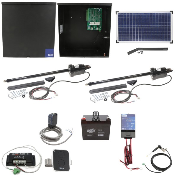 Nice Apollo Apollo 1600 Dual Arm Swing Gate Opener Package with 636 Control Board, 30W Solar Panel, and 35 Ah Battery