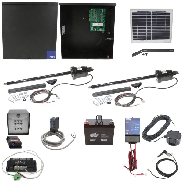 Nice Apollo Apollo 1600 Dual Arm Swing Gate Opener Complete Package with 636 Control Board, 10W Solar Panel, and 35 Ah Battery