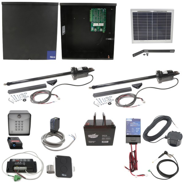 Nice Apollo 1600 Dual Arm Swing Gate Opener Complete Package with 636 Control Board, 10W Solar Panel, and 75 Ah Battery