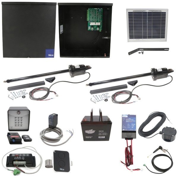 Nice Apollo 1600 Dual Arm Swing Gate Opener Complete Package with 636 Control Board, 10W Solar Panel, and 75 Ah Battery