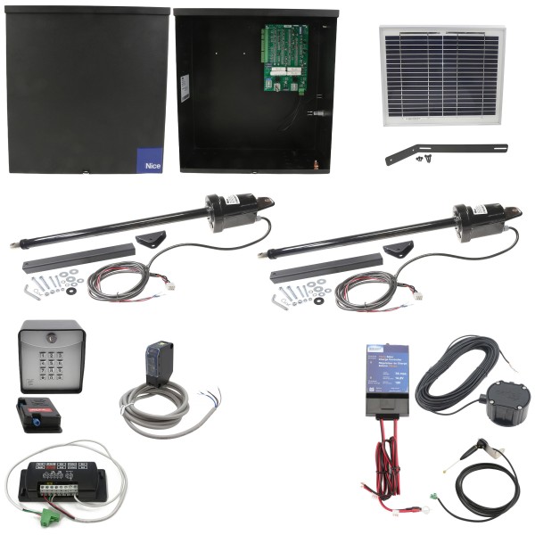 Nice Apollo 1600 Dual Swing Gate Opener Solar Package w/ 10 Watt Solar Panel and Entry/Exit Controls