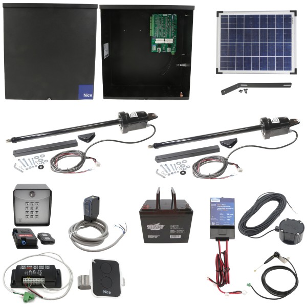 Nice Apollo 1600 Dual Arm Swing Gate Opener Complete Package with 636 Control Board, 20W Solar Panel, and 75 Ah Battery