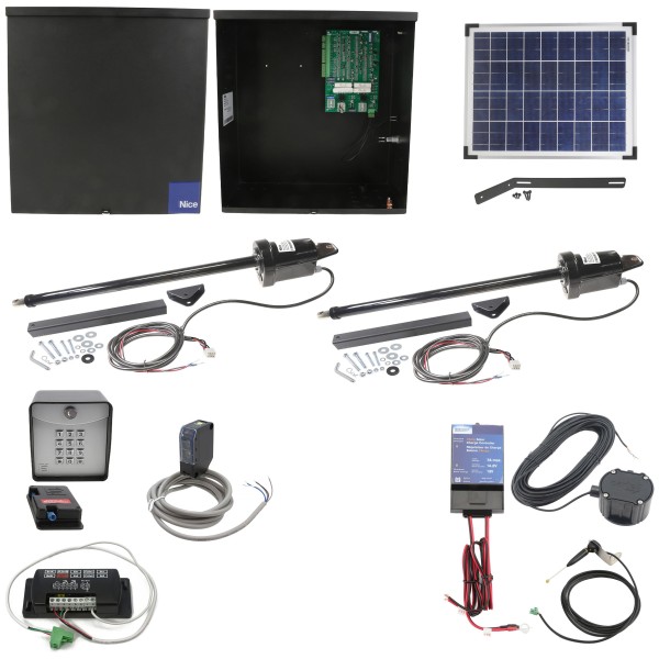 Nice Apollo 1600 Dual Swing Gate Opener Solar Package w/ 20 Watt Solar Panel and Entry/Exit Controls