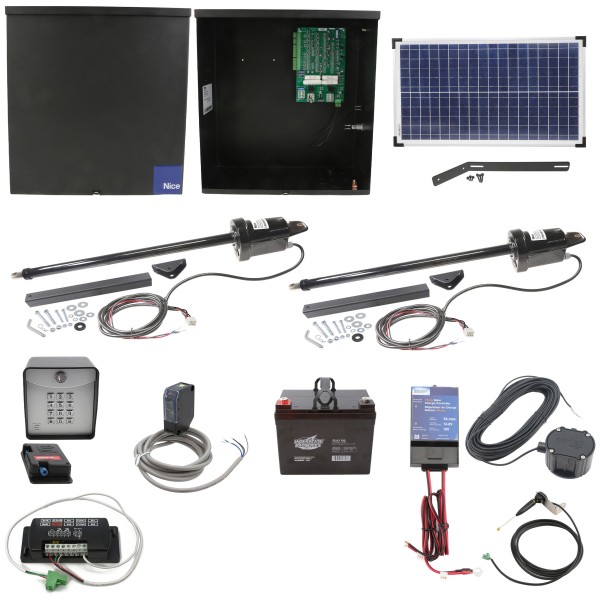Nice Apollo Apollo 1600 Dual Arm Swing Gate Opener Package  with 636 Control Board, 30W Solar Panel, and 35 Ah Battery