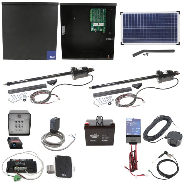 Nice Apollo Apollo 1600 Dual Arm Swing Gate Opener Package  with 636 Control Board, 30W Solar Panel, and 35 Ah Battery