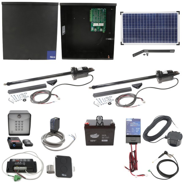 Nice Apollo Apollo 1600 Dual Arm Swing Gate Opener Package  with 636 Control Board, 30W Solar Panel, and 35 Ah Battery