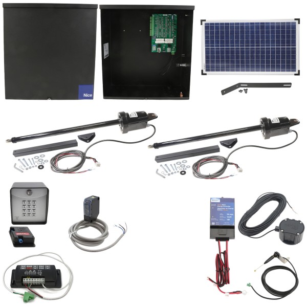 Nice Apollo 1600 Dual Swing Gate Opener Solar Package w/ 30 Watt Solar Panel and Entry/Exit Controls