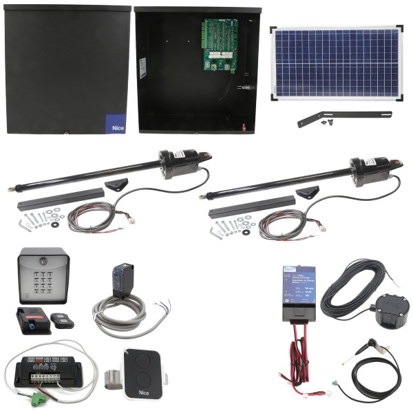 Nice Apollo 1600 Dual Swing Gate Opener Solar Package w/ 30 Watt Solar Panel and Entry/Exit Controls