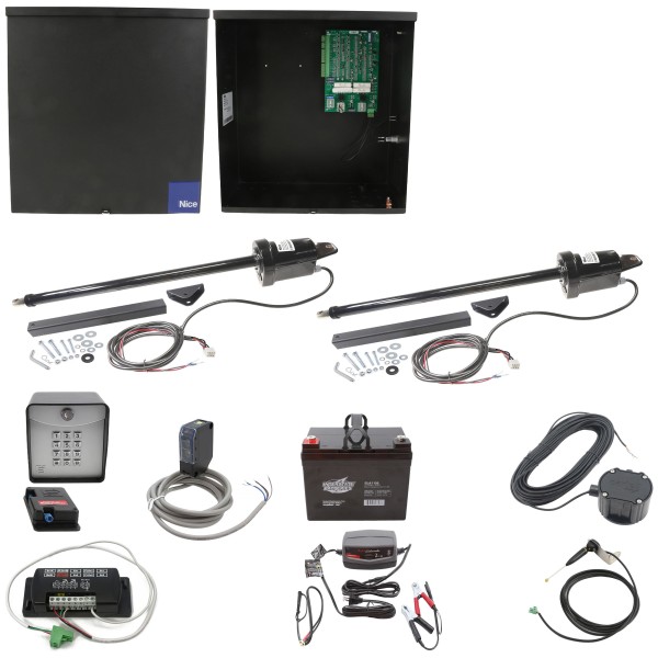 Nice Apollo Apollo 1600 Dual Arm Swing Gate Opener Complete Package with 636 Control Board and 35 Ah Battery