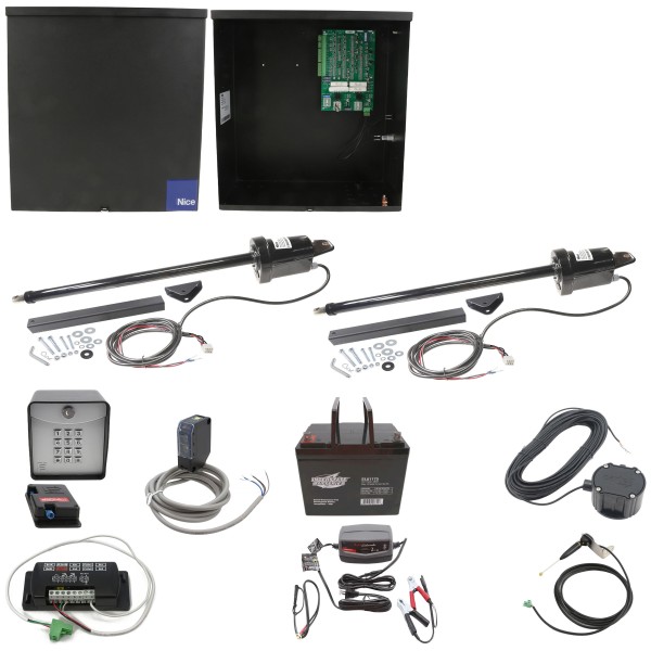 Nice Apollo 1600 Dual Arm Swing Gate Opener Complete Package with 636 Control Board and 75 Ah Battery