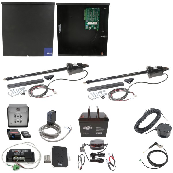 Nice Apollo 1600 Dual Arm Swing Gate Opener Complete Package with 636 Control Board and 75 Ah Battery