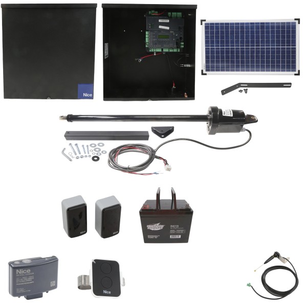 Nice Apollo 1501 Single Arm Swing Gate Opener Package with 1050 Control Board, 30W Solar Panel, and 75 Ah Battery 