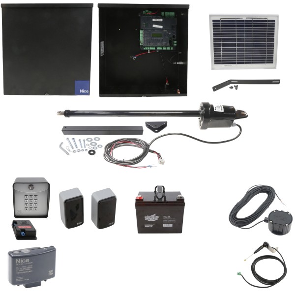 Nice Apollo 1051 Single Arm Swing Gate Opener Complete Package with 1050 Control Board, 10 W Solar Panel, and 35Ah Battery