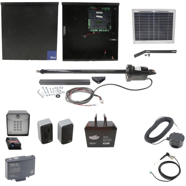 Nice Apollo 1501 Single Arm Swing Gate Opener Complete Package with 1050 Control Board, 10W Solar Panel, and 75 Ah Battery 
