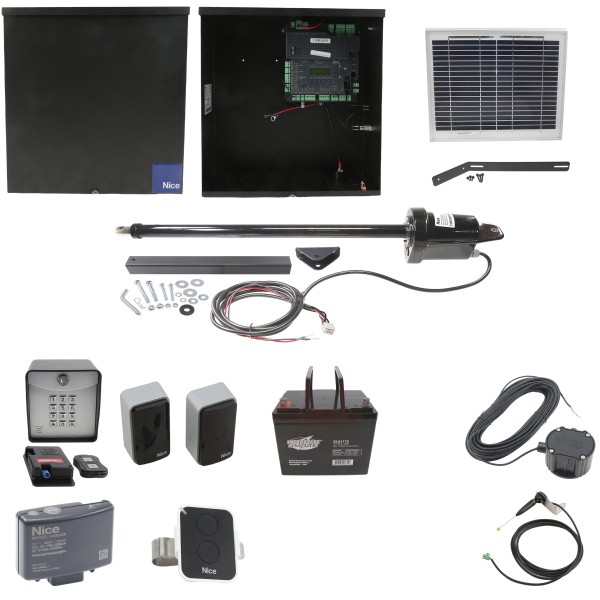 Nice Apollo 1501 Single Arm Swing Gate Opener Complete Package with 1050 Control Board, 10W Solar Panel, and 75 Ah Battery 