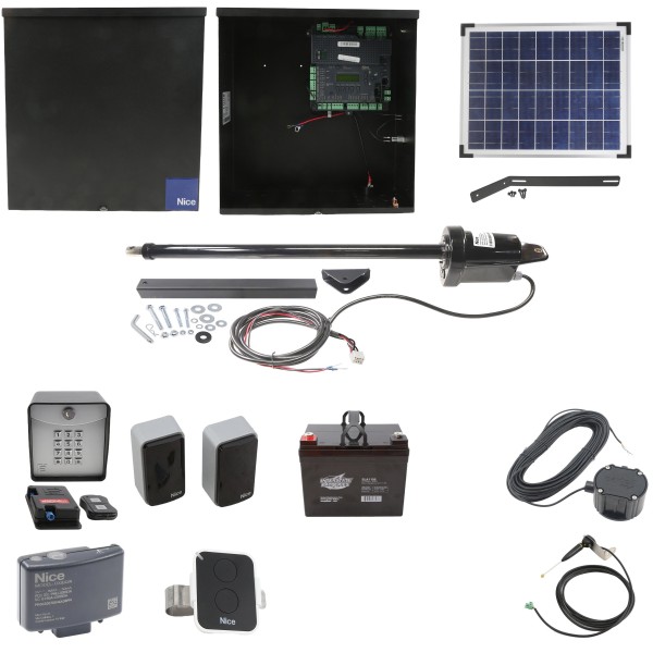 Nice Apollo 1051 Single Arm Swing Gate Opener Complete Package with 1050 Control Board, 20 W Solar Panel, and 35Ah Battery