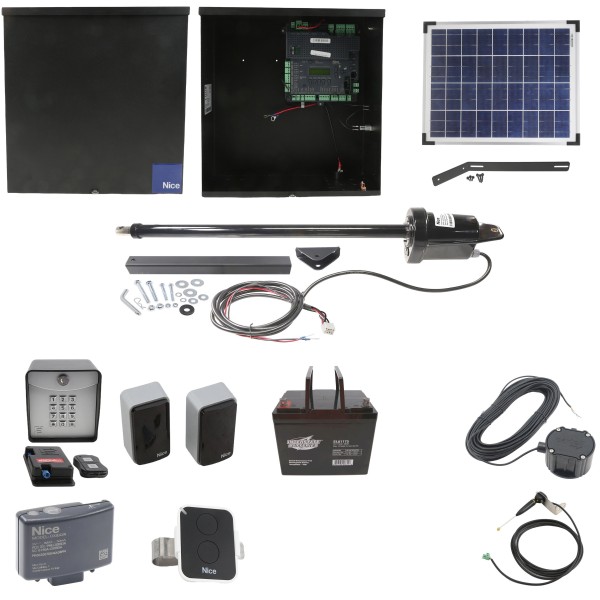Nice Apollo 1501 Single Arm Swing Gate Opener Complete Package with 1050 Control Board, 20W Solar Panel, and 75 Ah Battery 