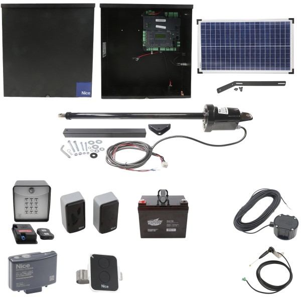 Nice Apollo 1051 Single Arm Swing Gate Opener Complete Package with 1050 Control Board, 30 W Solar Panel, and 35Ah Battery