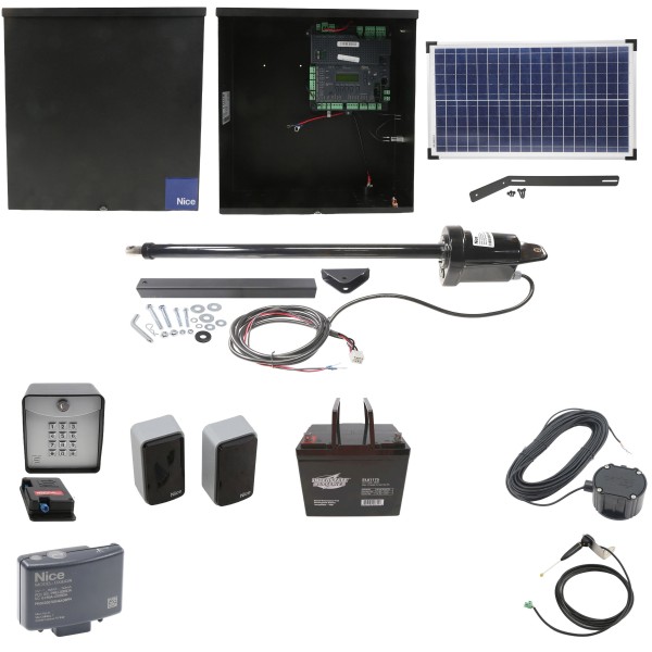Nice Apollo 1501 Single Arm Swing Gate Opener Complete Package with 1050 Control Board, 30W Solar Panel, and 75 Ah Battery 