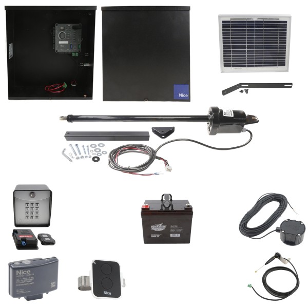 Nice Apollo 816 Linear Actuator Swing Gate Opener Complete Package with 310 Control Board, 10W Solar Panel, and 35 Ah Battery