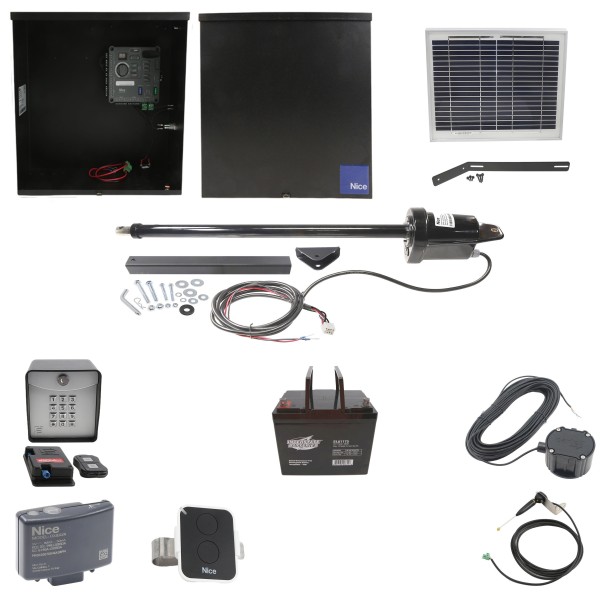 Nice Apollo 816 Linear Actuator Swing Gate Opener Complete Package with 310 Control Board, 10W Solar Panel, and 75 Ah Battery