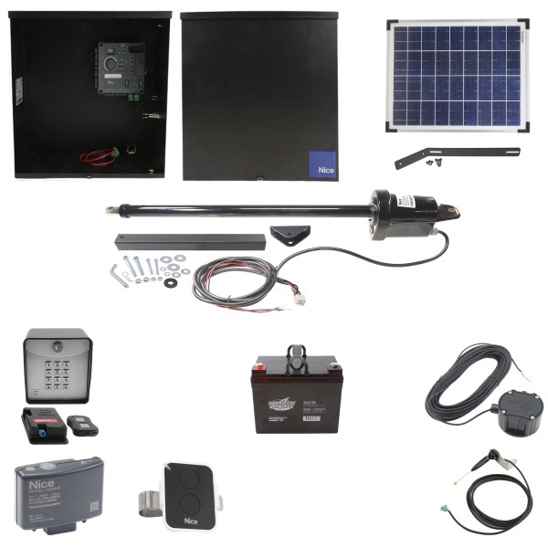 Nice Apollo 816 Linear Actuator Swing Gate Opener Complete Package with 310 Control Board, 20W Solar Panel, and 35 Ah Battery
