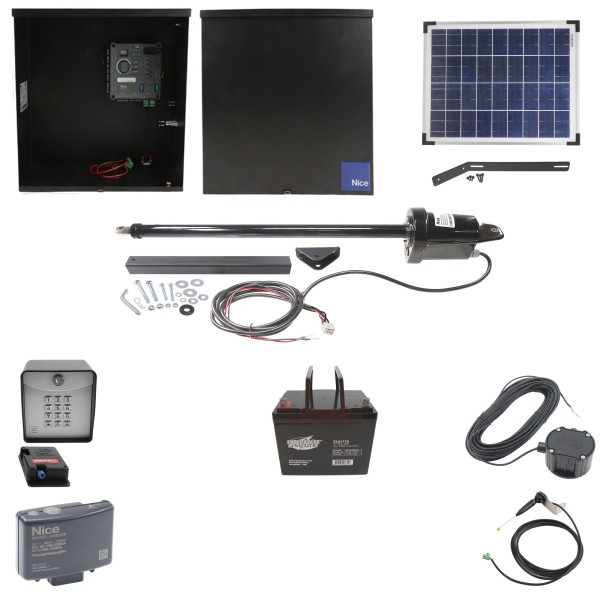 Nice Apollo 816 Linear Actuator Swing Gate Opener Complete Package with 310 Control Board, 20W Solar Panel, and 75 Ah Battery